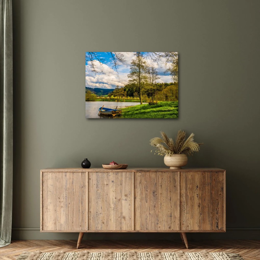 Obraz loďky pri jazere (70x50 cm)