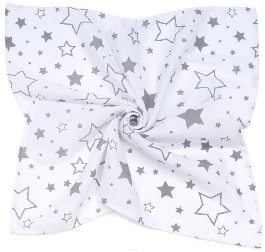 Mušelínová zavinovacia deka/plienka + mini plienka Hviezdy, sivá/biela