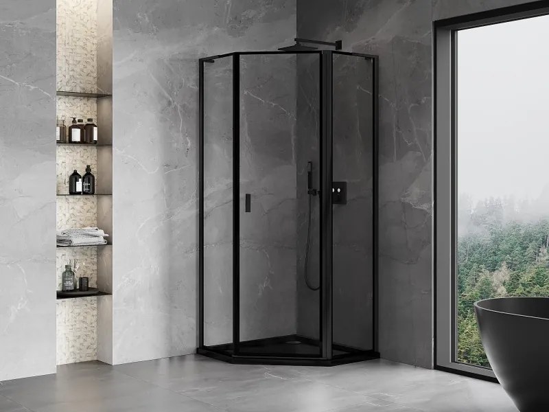 Mexen Mist L, päťuholníkový sprchový kút s krídlovými dverami, 90 x 90 cm, 8mm číre sklo, čierny profil, 8A8L-090-090-70-70-P