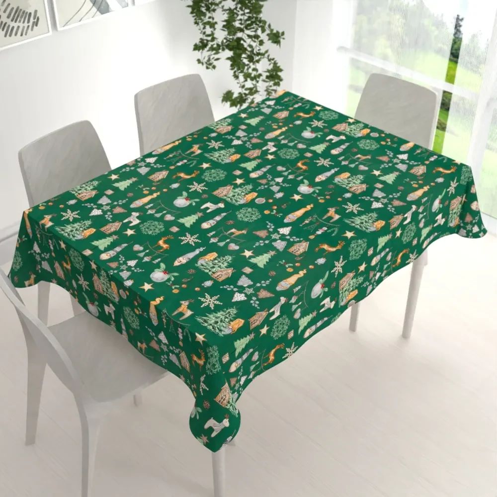 Biante Vianočný bavlnený obdĺžnikový obrus Sandra SA-508 Vianoční škriatkovia a ozdoby na zelenom 50x100 cm
