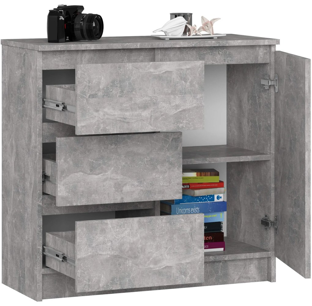 Komoda JERRY K 80 cm 1 dveře 3 zásuvky beton