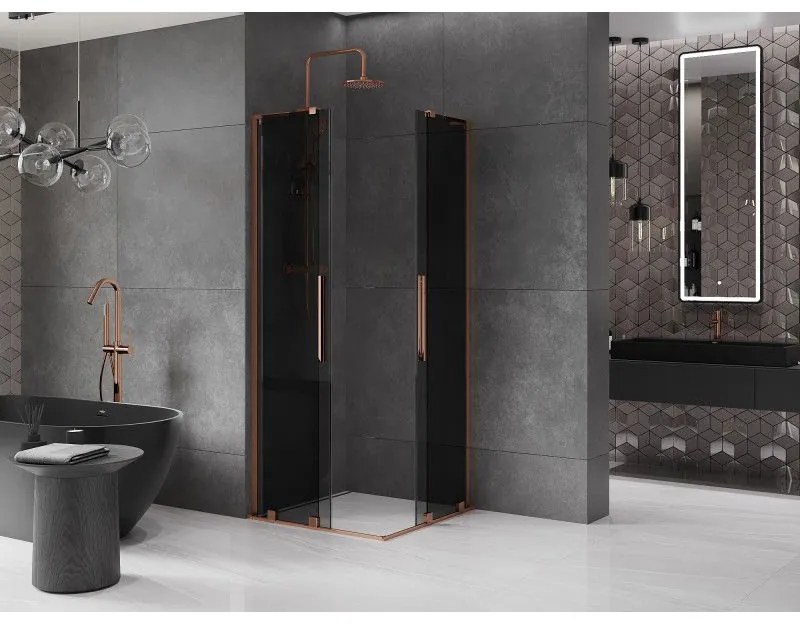 Mexen Velar L Duo, sprchový kút s posuvnými dverami 100 x 100 cm, 8mm šedé sklo, ružové zlato, 871-100-100-02-43-60
