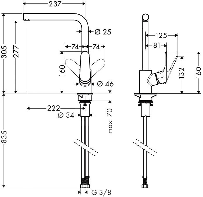 Hansgrohe Focus M41, páková drezová batéria 280 s otočným výtokom, vzhľad nerezu, HAN-31817800