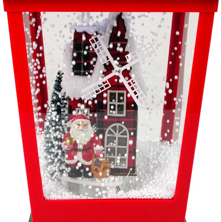 LEAN TOYS  Vianočný lampáš s padajúcim snehom červeno-zelená