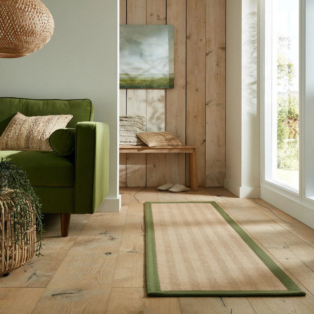 Flair Rugs, Behúň Herringbone Border Kira Green, 60x230, béžová, chodba / predsieň