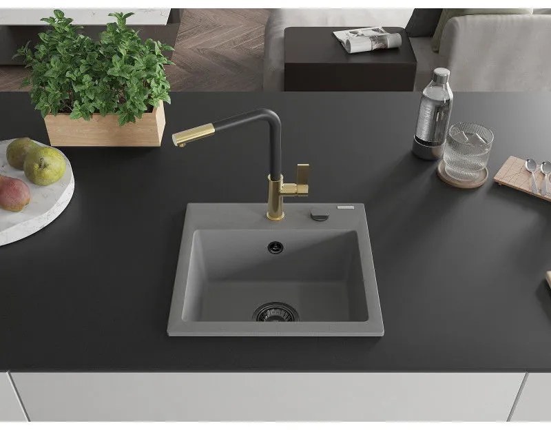 Mexen Milo, 1-komorový granitový drez 435x410x171 mm a drezová batéria Flora, šedá, 6505-71-670401-57-B