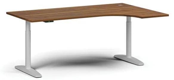 Výškovo nastaviteľný stôl OBOL, elektrický, 675-1325 mm, rohový pravý, doska 1800x1200 mm, biela zaoblená podnož, orech