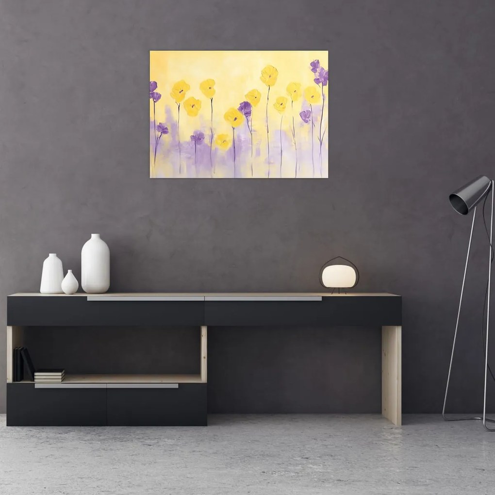 Obraz - Fialové a žlté kvietky (70x50 cm)