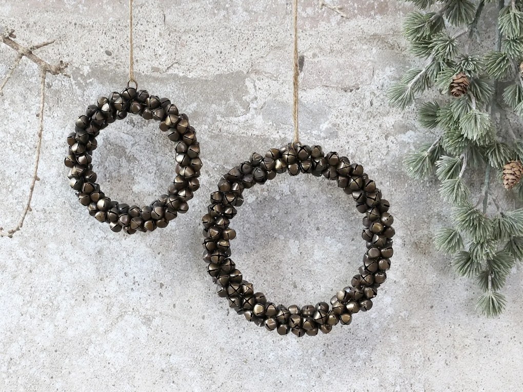 Mosadzný antik kovový nástenný veniec s rolničkami - Ø 13*3cm