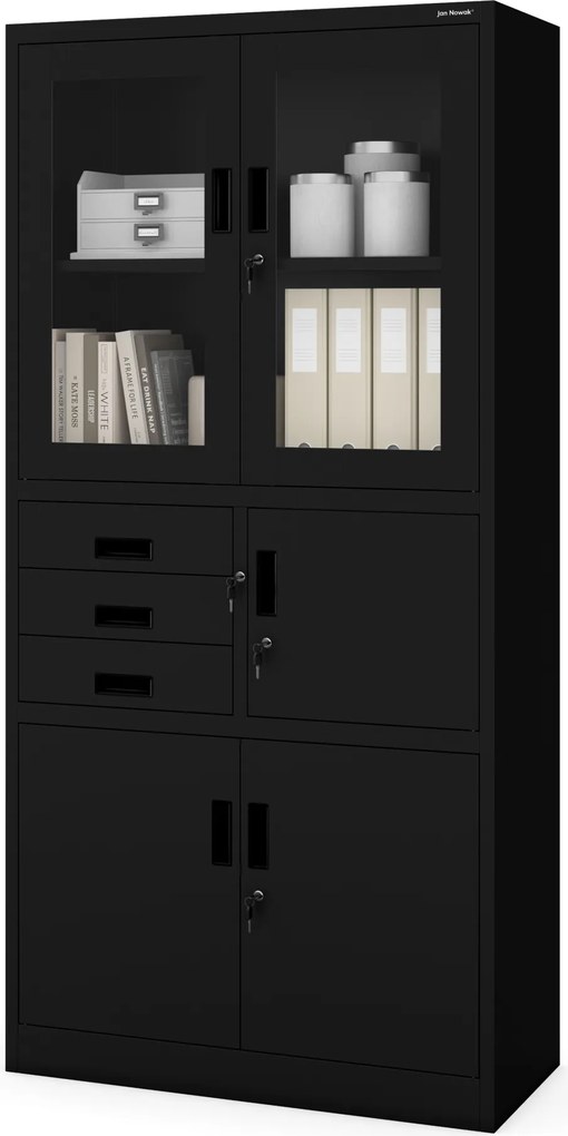 Kancelárska kovová skriňa s trezorom na spisy a dokumenty FILIP, 900 × 1850 × 400 mm, čierna