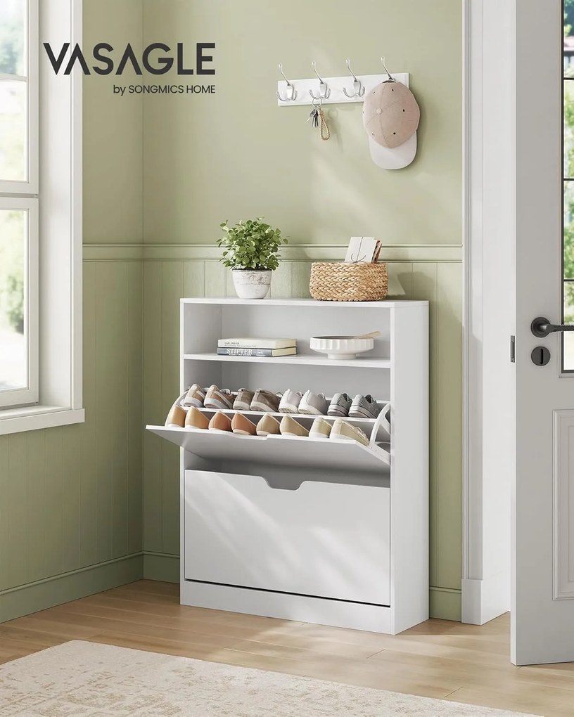 Botník s 2 výklopnými dvierkami, 3-úrovňový, 24 x 80 x 102 cm, biely