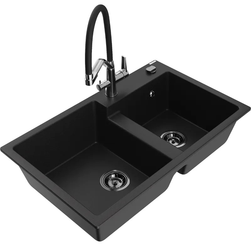 Mexen Tomas, 2-komorový granitový drez 800x500x190 mm a kuchynská batéria Duo, čierna, 6516-77-671701-07-B