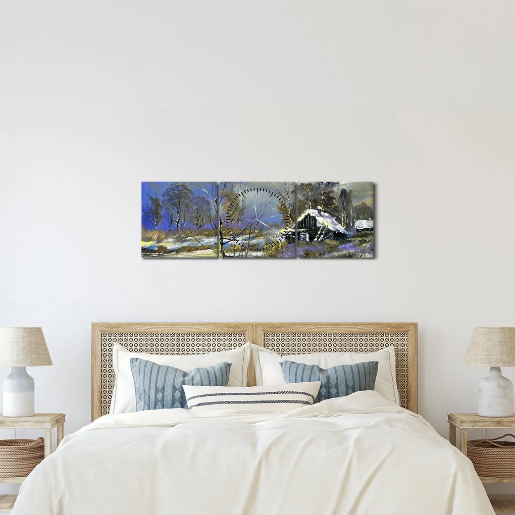 Obraz chalúpky v zimnej krajine, olejomaľba (s hodinami) (90x30 cm)