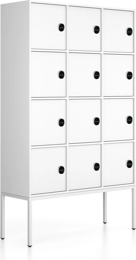 Kancelárska skriňa FRAME, biela podnož, 12x dvere, 1299 x 450 x 2185 mm, RFID zámok, biela