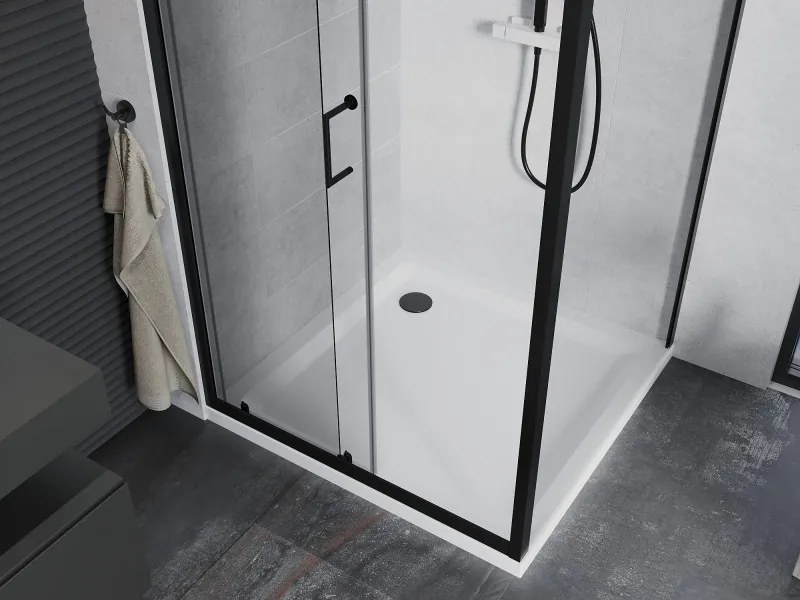 Mexen Apia, sprchový kút s posuvnými dverami 90 (dvere) x 90 (stena) cm, 6mm číre sklo, čierny profil + biela sprchová vanička, 840-090-090-70-00-4010B