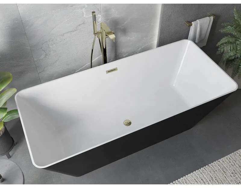 Mexen Velo Slim, voľne stojaca vaňa 170 × 75 cm, biela lesklá, zlatý lesklý prepad, 52811707500-50