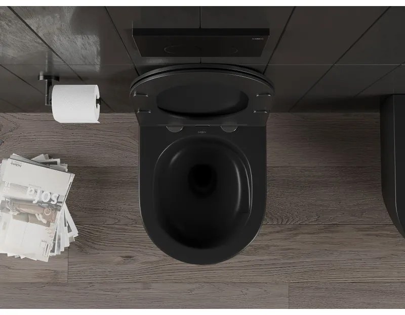 Mexen Carmen, závesná WC misa 490x365x340 mm, Rimless Tornádo + WC sedadlo z duroplastu, čierna matná, 30881085T