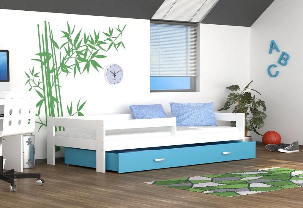 Detská posteľ HUGO s farebnou zásuvkou+matrac, 180x80, biela/modrá