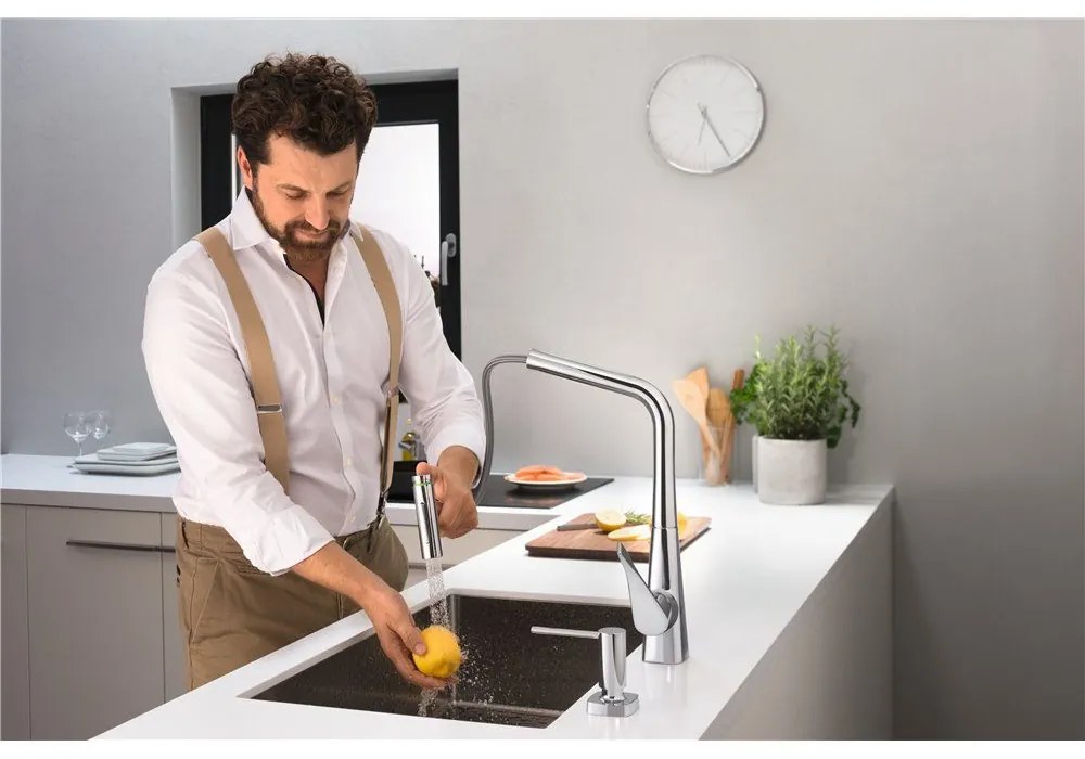 HANSGROHE Metris Select M71 páková drezová batéria s vyťažiteľnou sprškou s prepínaním, 2jet, sBox, výška výtoku 333 mm, chróm, 73816000