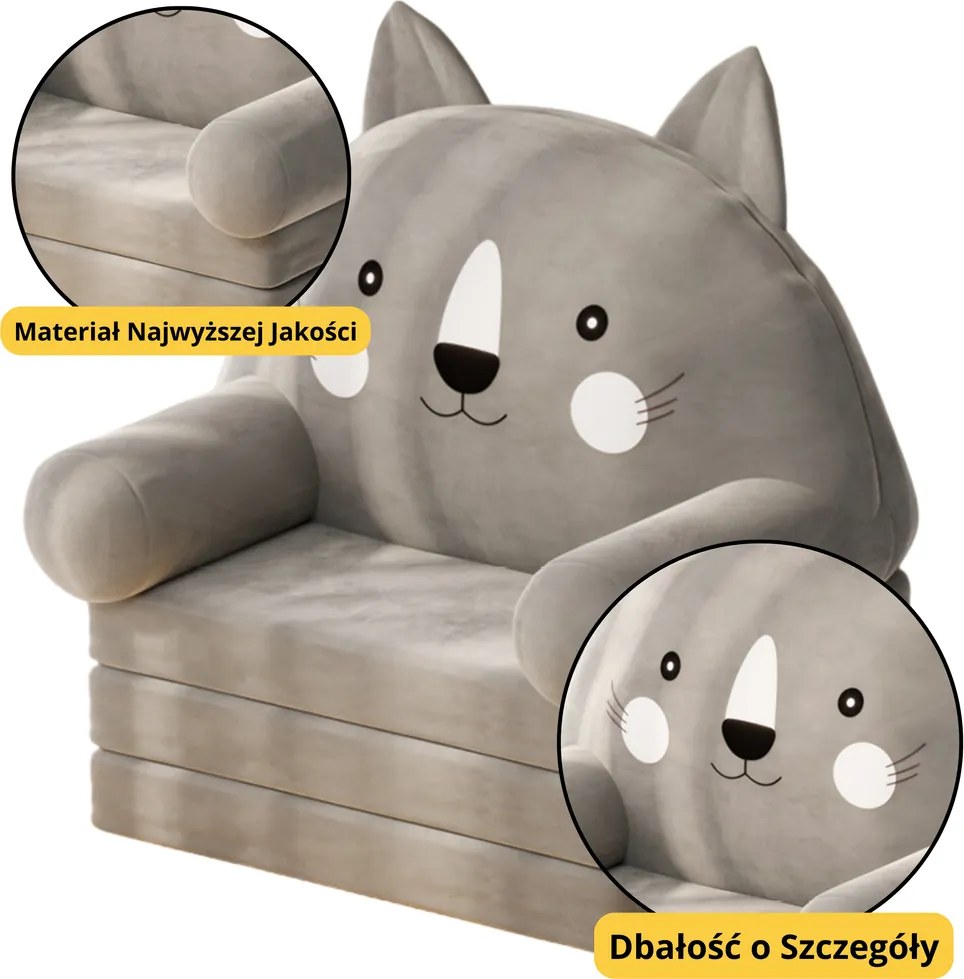 LEAN Toys Skladacie detské kreslo Cat 3 Level Grey 56x50cm