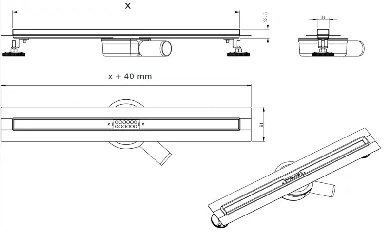 Odvodňovací žľab Mexen Flat 360 SLIM + sifón Gold 60 cm