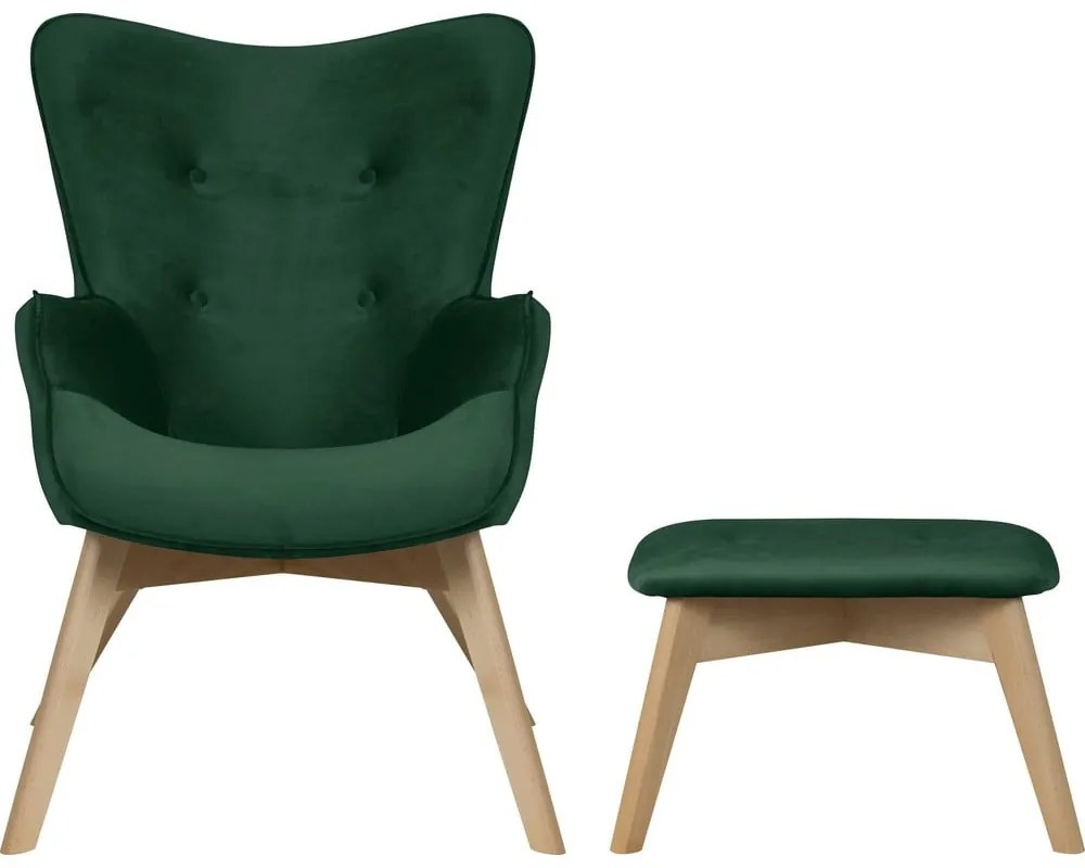 Tmavozelené zamatové kreslo s podnožkou Niko – Ropez