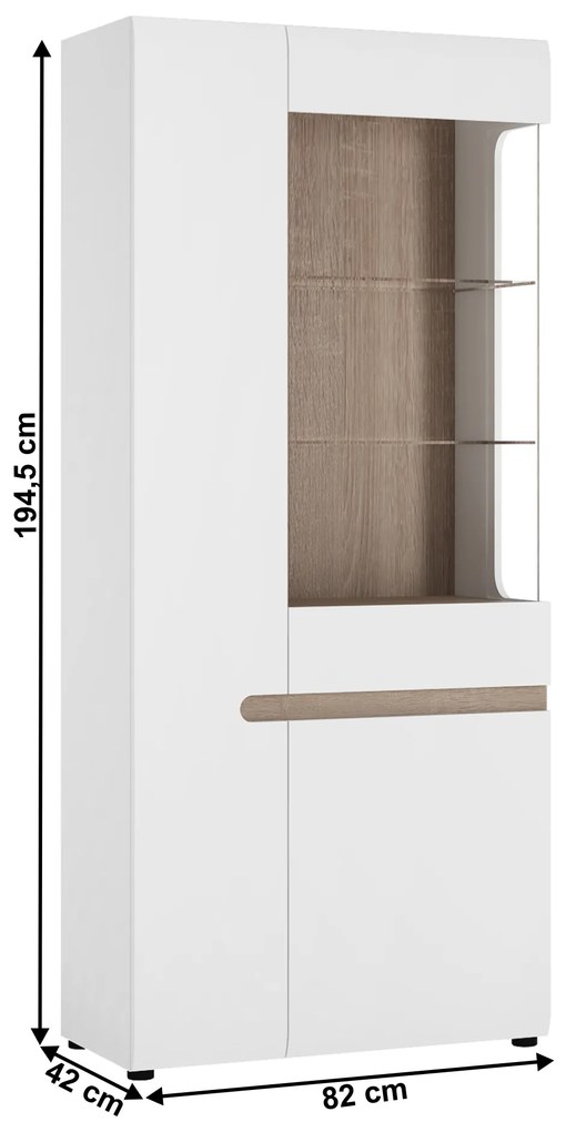 Kondela Vitrína, biela extra vysoký lesk HG/dub sonoma tmavý truflový, pravá, LYNATET TYP 05