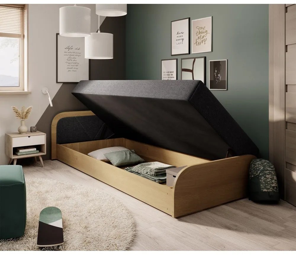 Okrovožltá/tmavosivá čalúnená/z drevotriesky jednolôžková posteľ s úložným priestorom s matracom 80x190 cm Parys – ELTAP