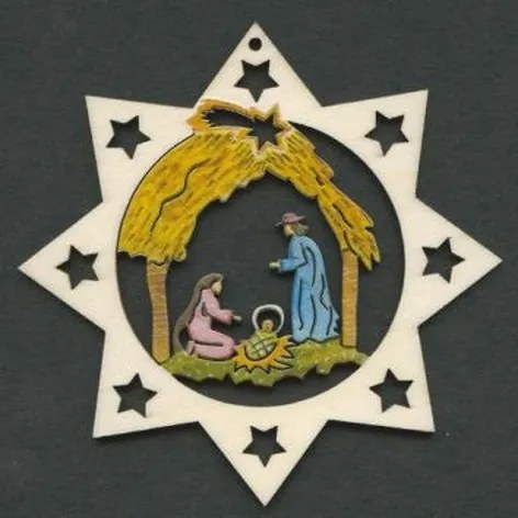 AMADEA Drevená ozdoba hviezda farebná s betlehemom 6 cm