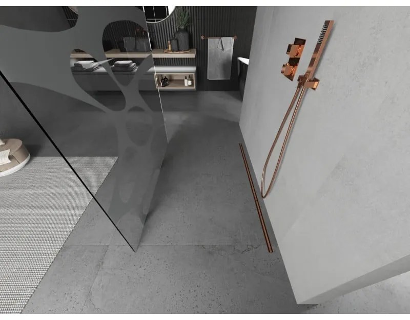 Mexen Kioto, priechodná sprchová zástena 120 x 200 cm, 8mm sklo číre s bielym vzorom, 2x zlatá stabilizačná rozpera, profil ružové zlato, 800-120-002-60-97