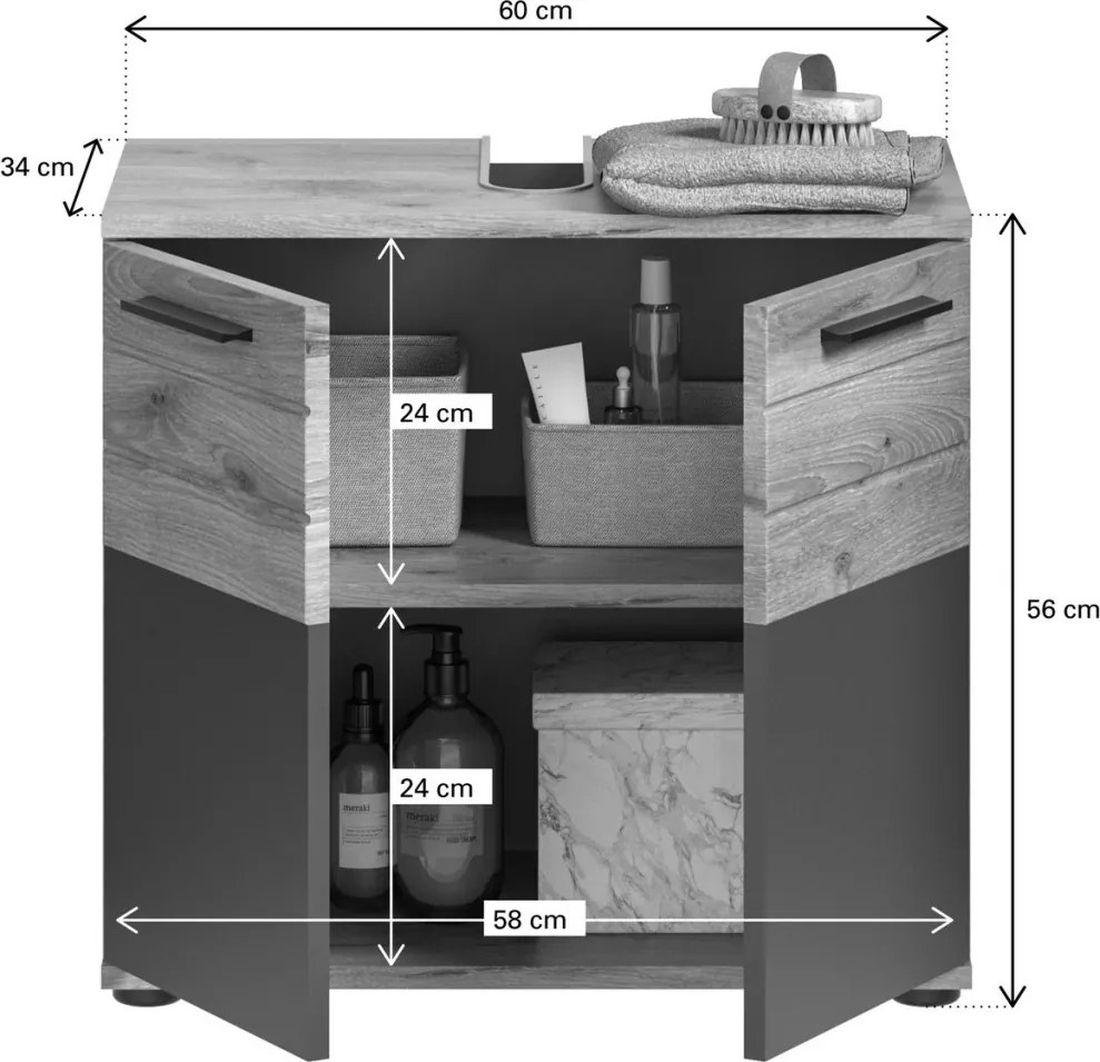 Kúpeľňová skrinka pod umývadlo Mason, dub/šedá