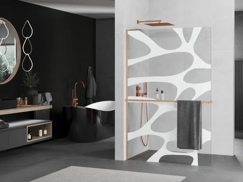 Mexen Kioto+ L, sprchová zástena Walk-In s poličkou a vešiakom 120 x 200 cm, 8mm číre sklo biely vzor, medený matný profil, 800-120-123-65-97