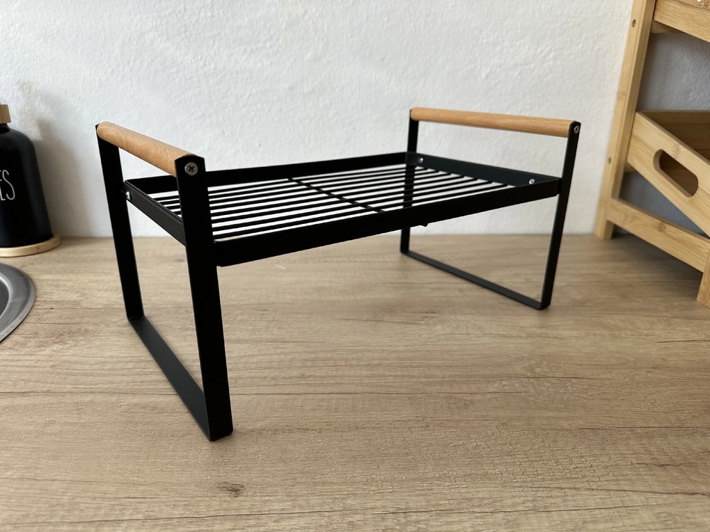 Prídavná polica s drevenými madlami, odkvapkávač, čierny kov RADKA 35x22x18