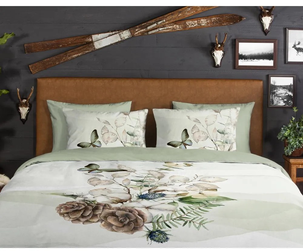 Zeleno-krémové predĺžené flanelové obliečky na jednolôžko 140x220 cm Marjan – Good Morning