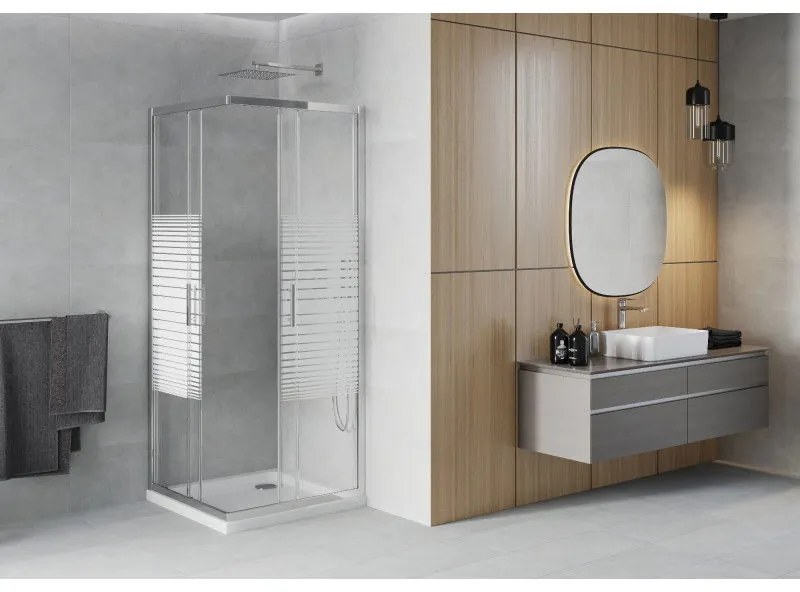 Mexen Rio štvorcový sprchovací kút 90 x 90 cm, 6mm sklo, číre sklo/pásy, chrómový profil + slim sprchová vanička 5cm, 860-090-090-01-20-4010