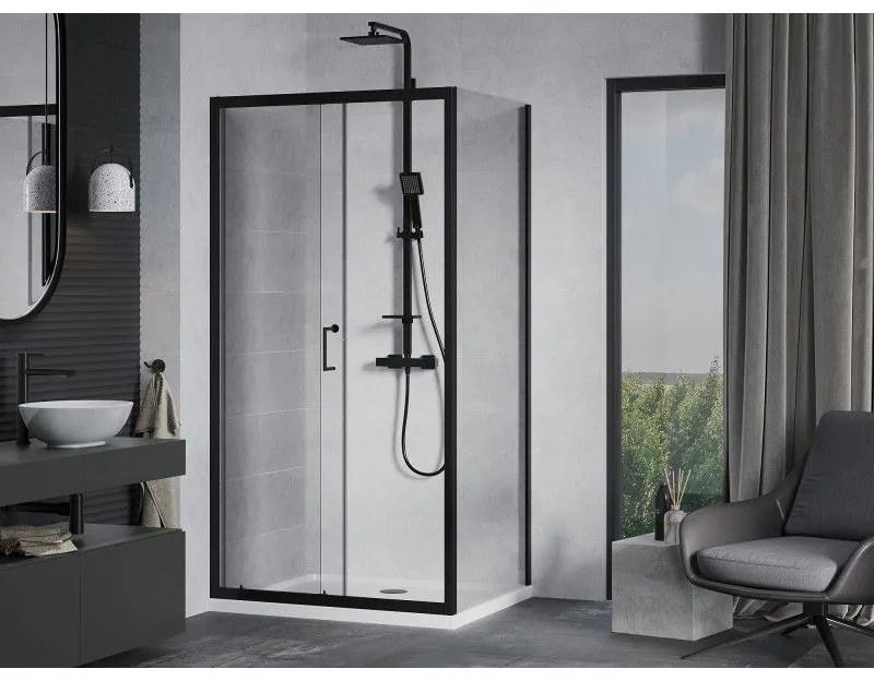 Mexen Apia, sprchový kút s posuvnými dverami 140 (dvere) x 70 (stena) cm, 6mm číre sklo, čierny profil + biela sprchová vanička, 840-140-070-70-00-4010B