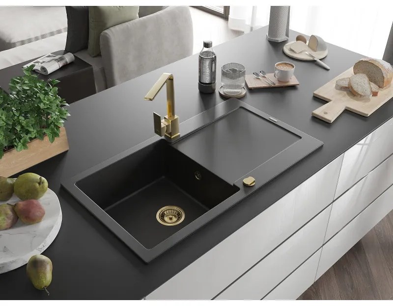 Mexen Leo, drez granitový 900x500x190 mm, 1-komorový, čierna so zlatým sifónom a zlatá drezová batéria Rita, 6501-77-670300-50