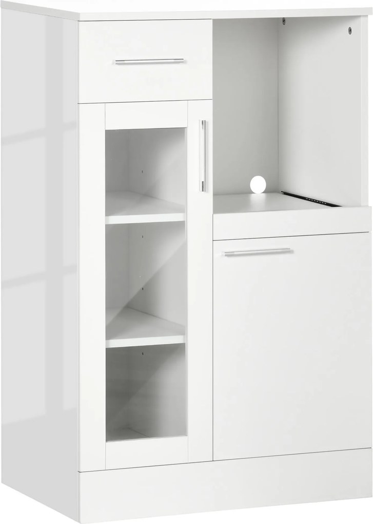 HOMCOM Moderný Komoda s Kabinetmi a Zásuvkou, Úsporný Kuchynský Kabinet z Dreva a Skla 60x40x95cm, Biela | Aosom