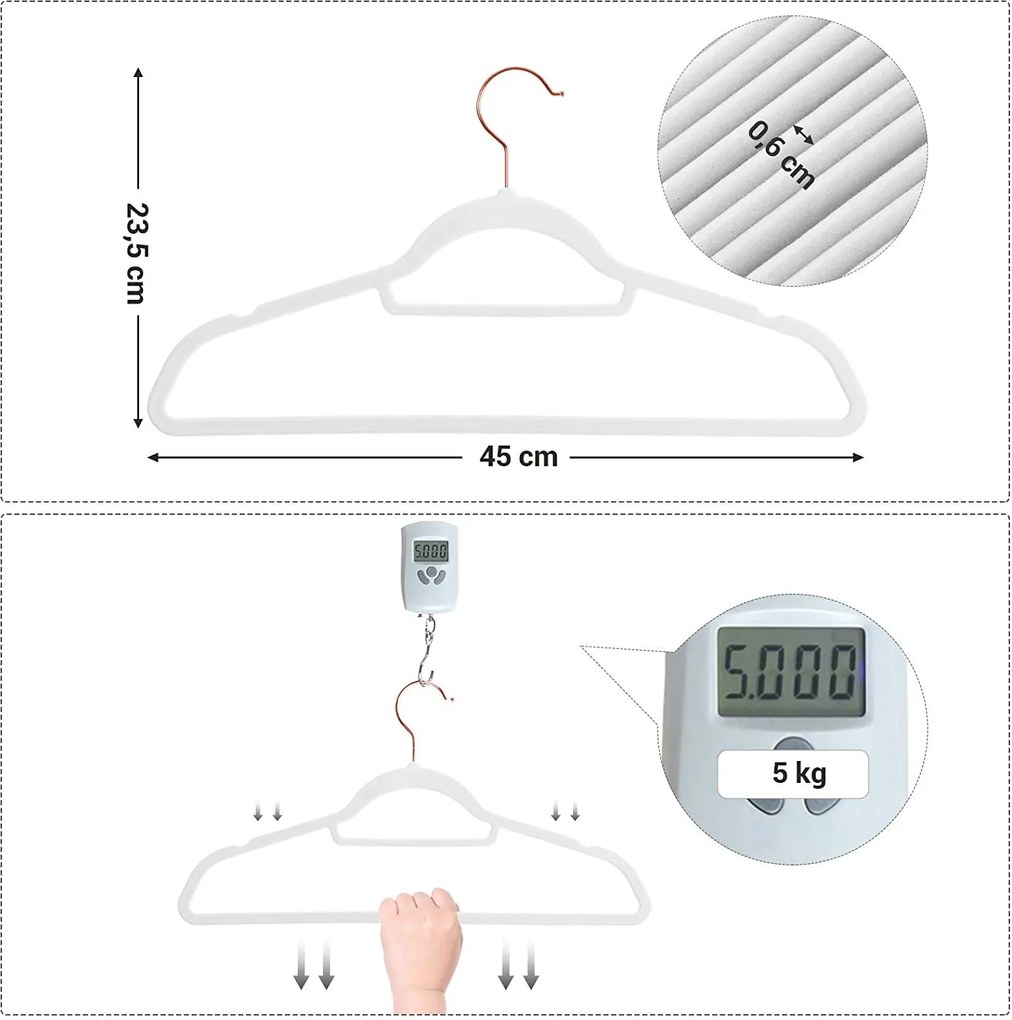 Zamatové vešiaky, protišmykové, 50 ks, biele