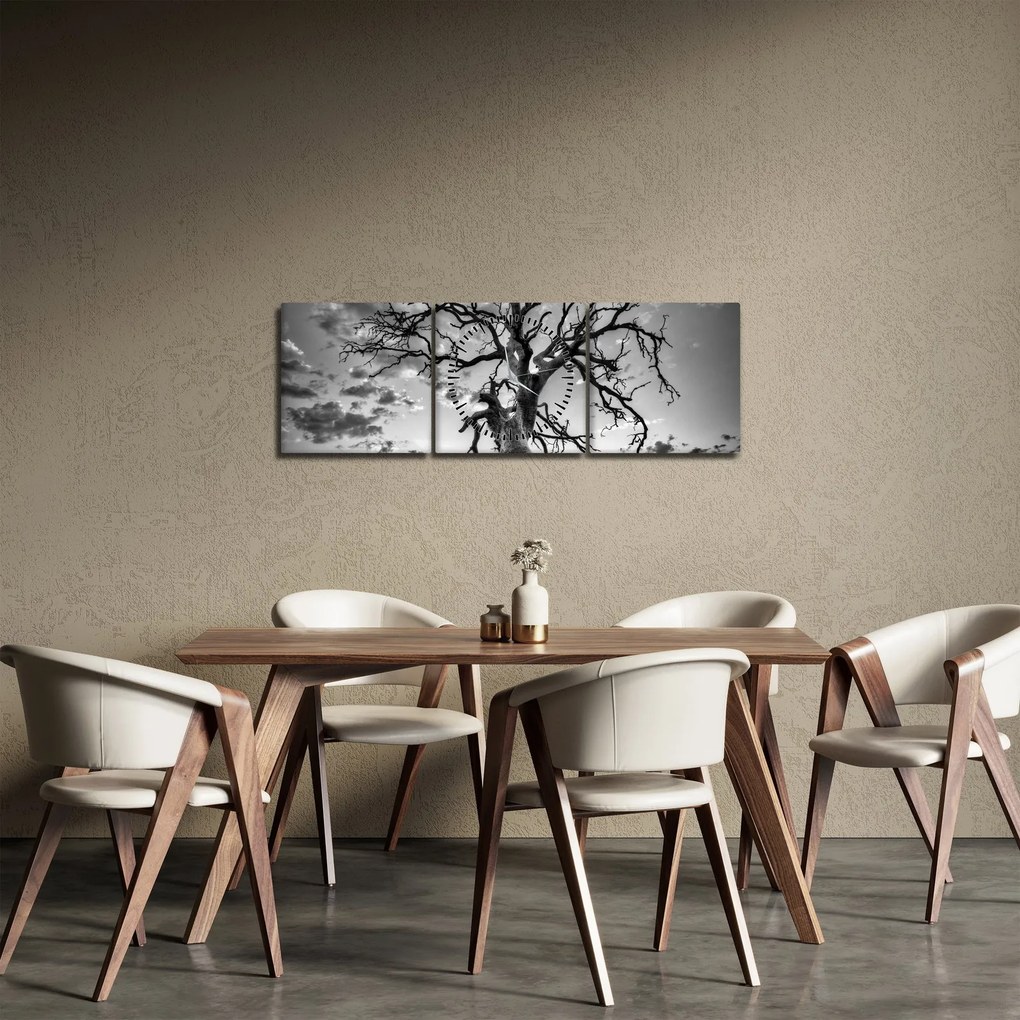 Obraz - Čiernobiely strom (s hodinami) (90x30 cm)