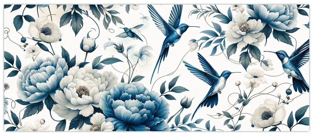 Obraz - Kolibríky s kvetmi (120x50 cm)