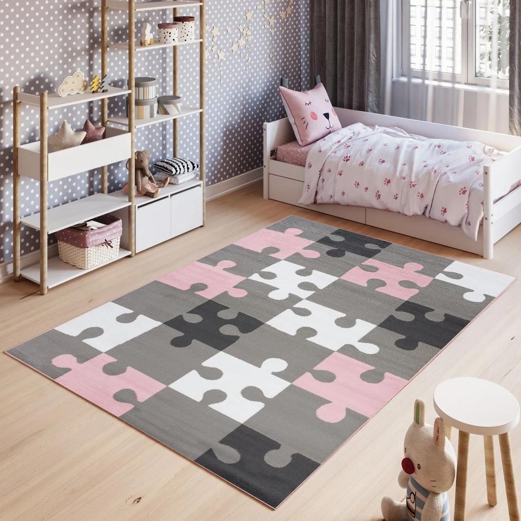 Detský koberec PINKY Puzzle sivý, ružový - 80x150 cm