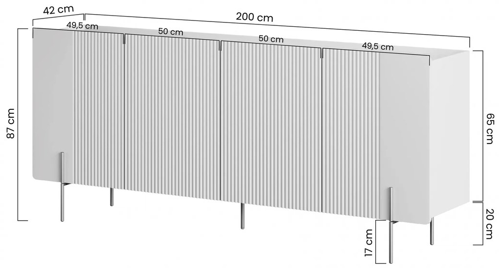 Komoda Malmi 200 cm štvordverová - kašmír / čierne nožičky