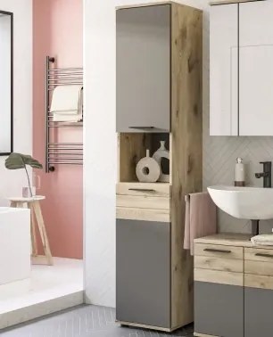 Vysoká kúpeľňová skrinka Mason, dub/šedá%