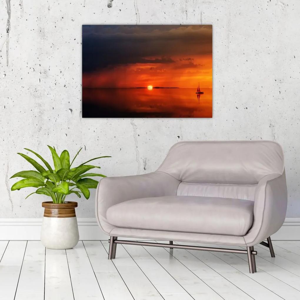 Sklenený obraz západu slnka s plachetnicou (70x50 cm)
