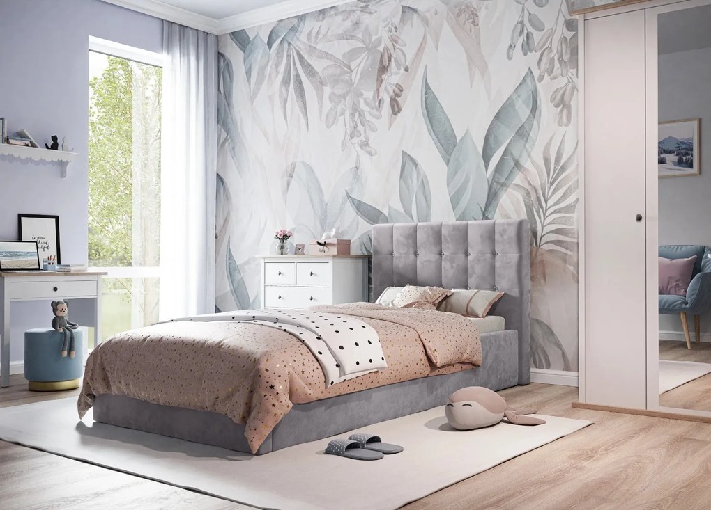 PAULI II 90X200 ČALÚNENÁ JEDNOLÔŽKOVÁ POSTEĽ S ÚLOŽNÝM PRIESTOROM A KRYŠTÁLIKMI