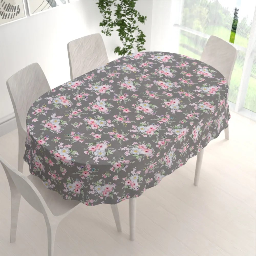 Biante Bavlnený oválny obrus Sandra SA-553 Ružové kvety na sivom 120x160 cm