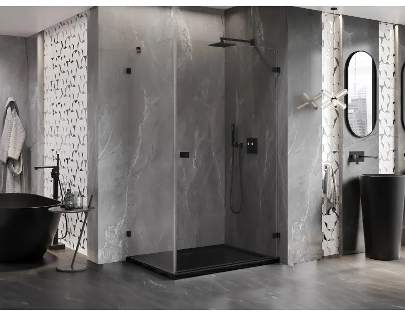 Mexen Lunar-B pravostranný výklopný sprchový kút 90 x 80 cm, číre sklo, čierna matná, 832-090-080-70-00-P