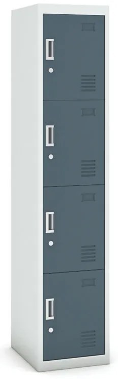 Šatníková skrinka S3 s úložnými boxami, 4 boxy, 1800 x 380 x 450 mm, demont, cylindrický zámok, sivá/tmavosivá