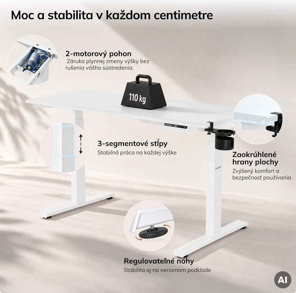 Elektrický stôl s nastaviteľnou výškou ergonomický biely,1400x700 mm: ARIA